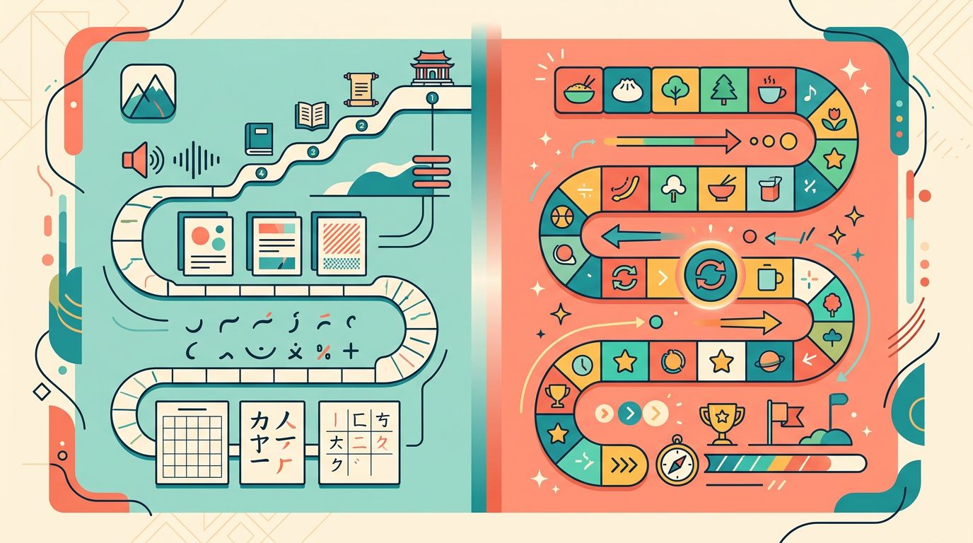 Split-screen illustration comparing an orderly Mandarin study path with colorful game-like vocabulary practice.