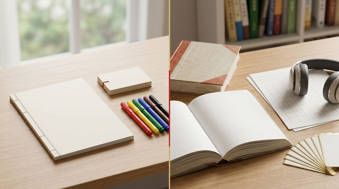 Split study desks show basic materials on the left and advanced language tools on the right.