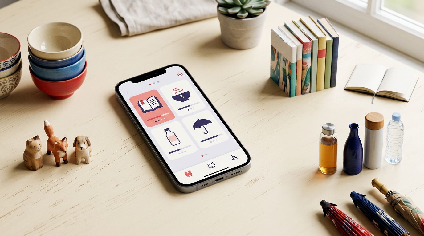A smartphone app surrounded by bowls, books, bottles, umbrellas, and animal figures.