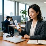 Office worker practicing Japanese on a smartphone at a desk with a laptop and notebook.
