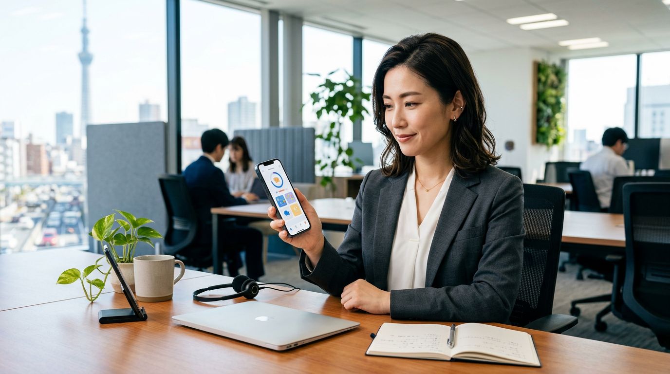 Office worker practicing Japanese on a smartphone at a desk with a laptop and notebook.