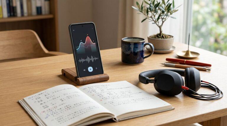 A smartphone with a pitch contour beside Japanese notes and headphones on a desk.