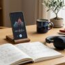 A smartphone with a pitch contour beside Japanese notes and headphones on a desk.