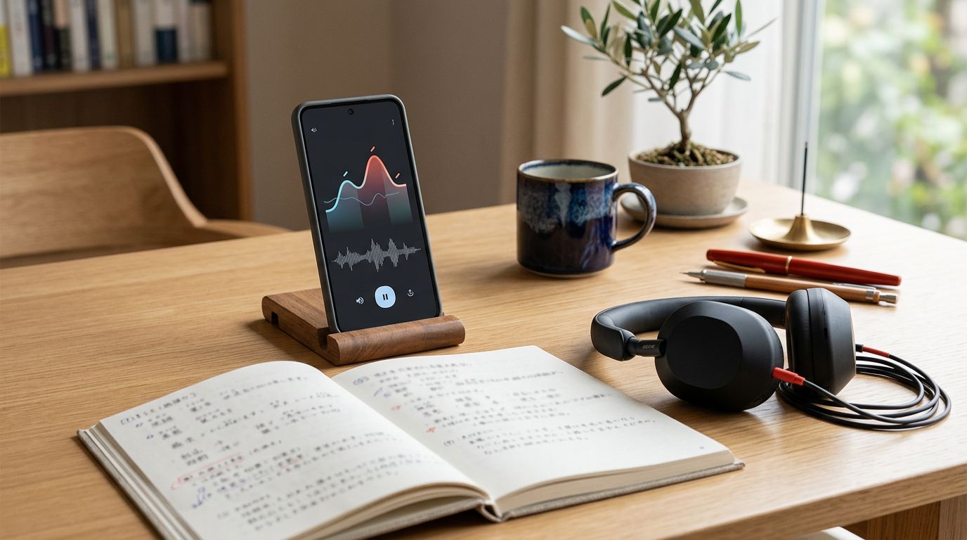 A smartphone with a pitch contour beside Japanese notes and headphones on a desk.