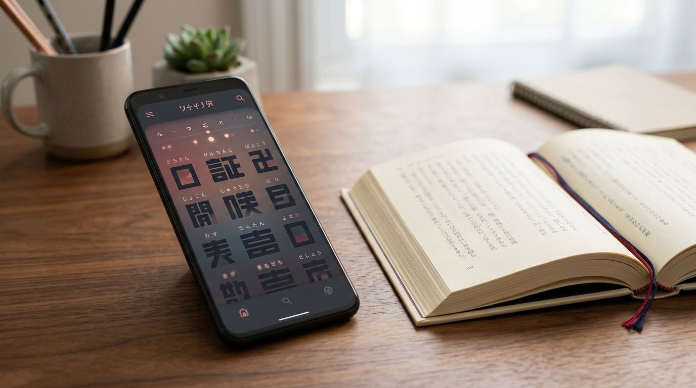 A smartphone showing a Japanese reading app beside an open book on a warm desk.