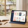 Tablet with Japanese flashcards beside an open book, earbuds, and small floral accents.