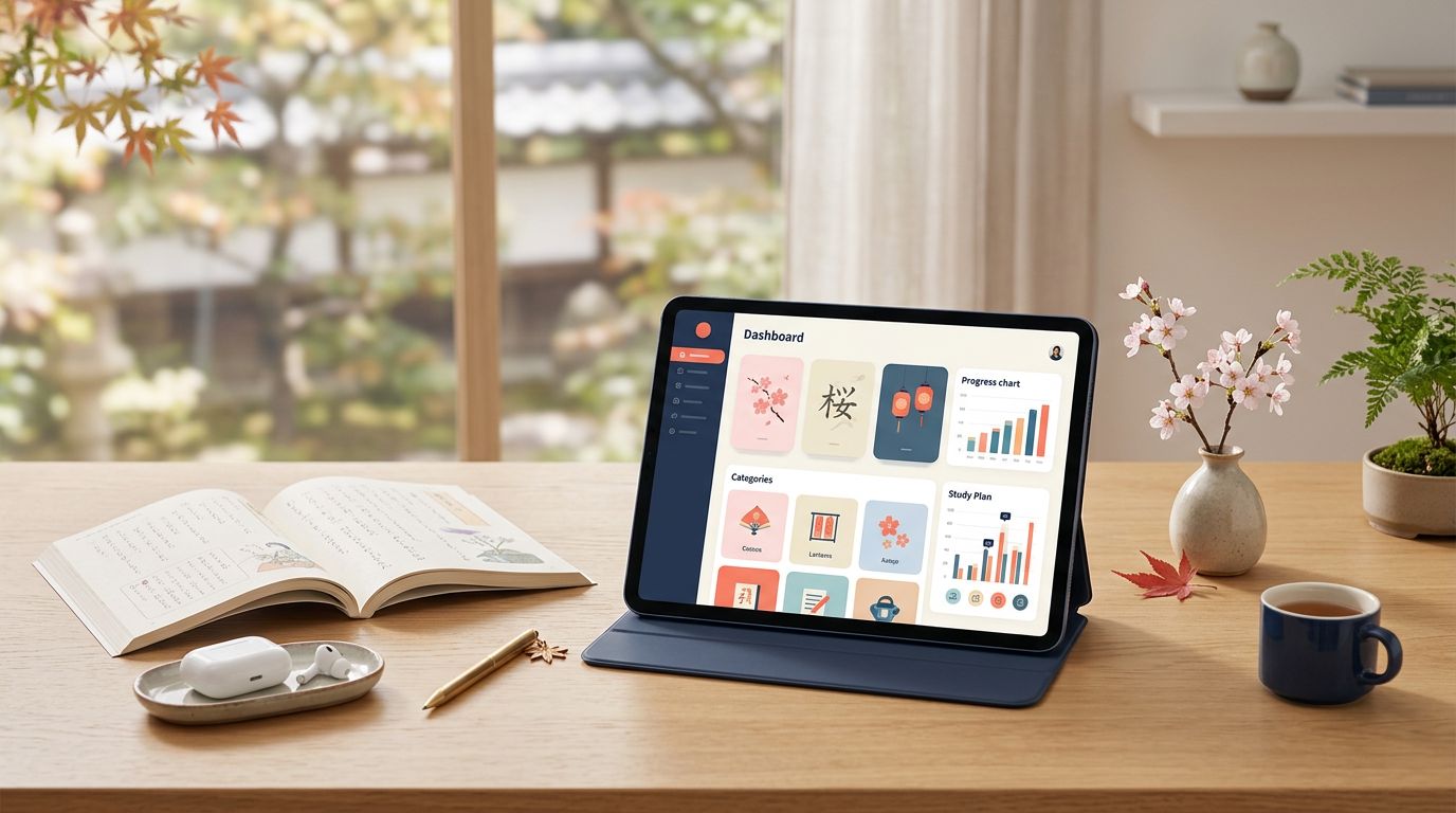 Tablet with Japanese flashcards beside an open book, earbuds, and small floral accents.