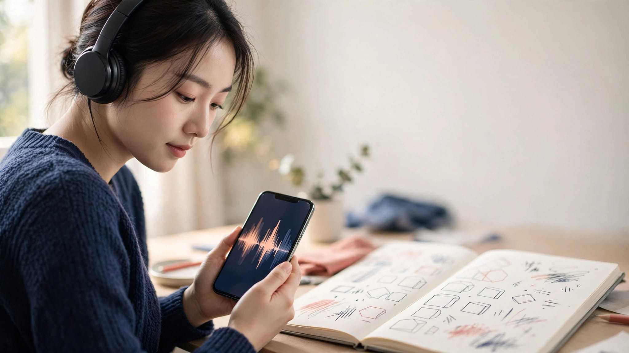 A learner in headphones studies a phone and notebook at a warm desk.
