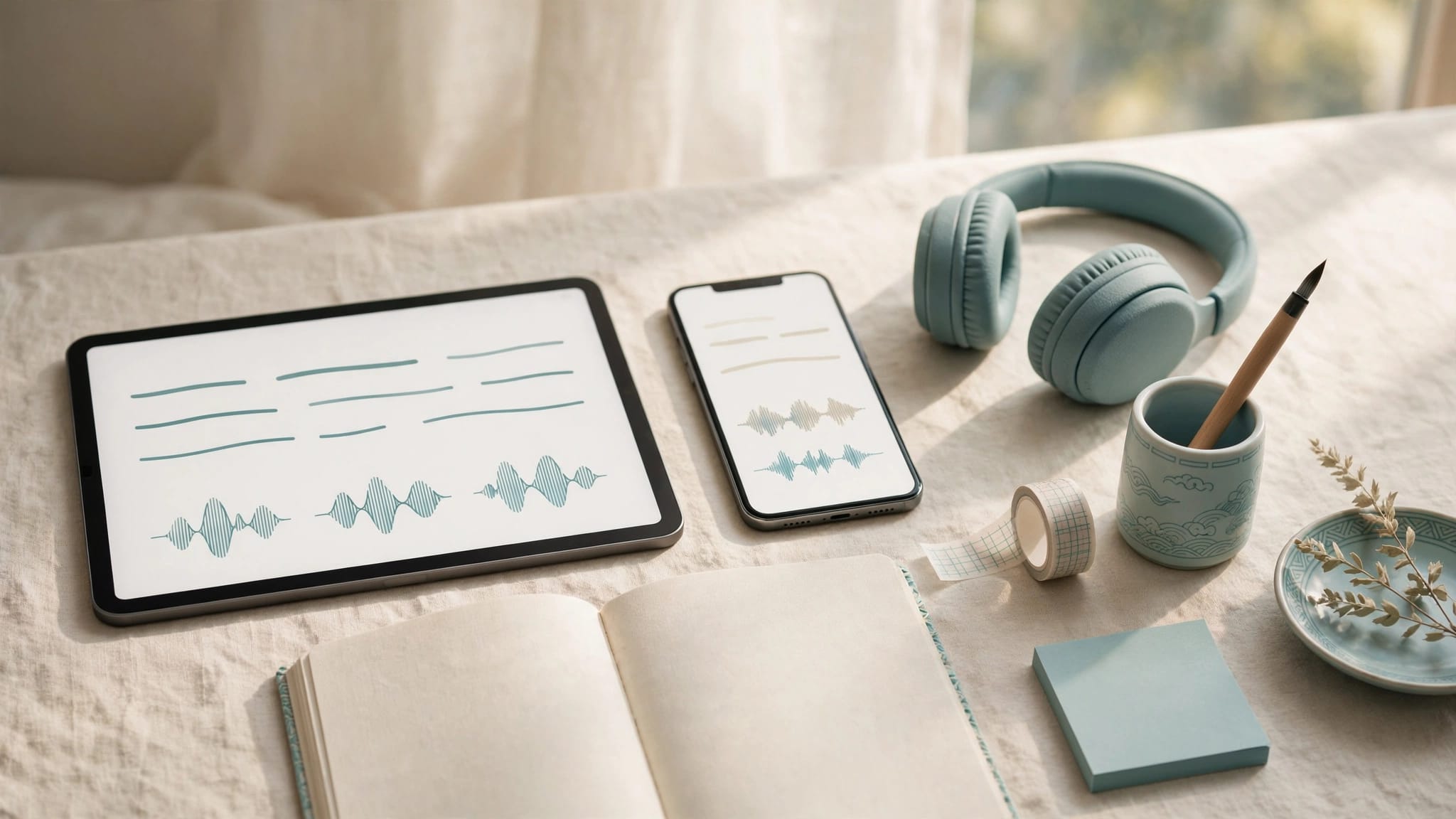 A phone and tablet display flashcards beside headphones and a blank notebook.