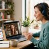 Adult learner talking with an online tutor beside a laptop, smartphone, notebook, and coffee.