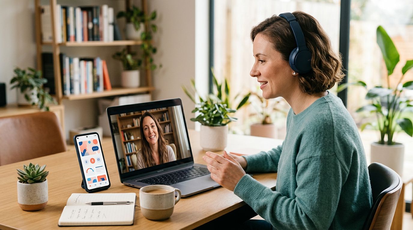 Adult learner talking with an online tutor beside a laptop, smartphone, notebook, and coffee.