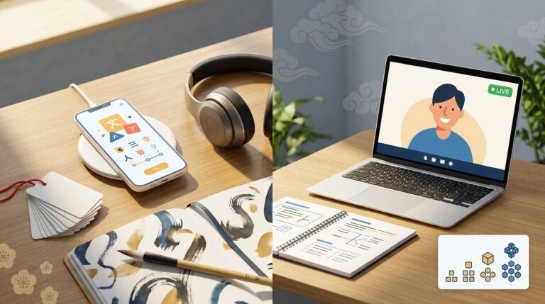 A split desk scene compares smartphone and laptop tools for studying Mandarin.