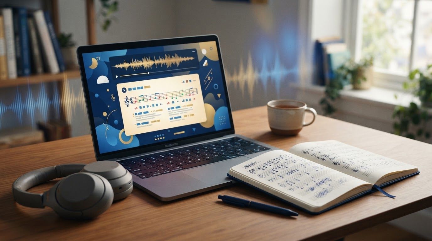 Laptop, headphones, and music notebook arranged on a warmly lit desk.