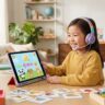 A child uses a tablet and headphones to learn spoken Mandarin at a colorful desk.