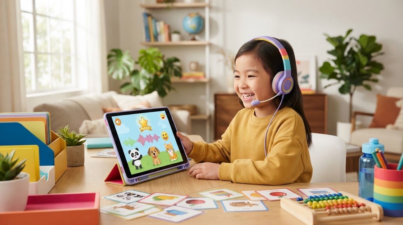 A child uses a tablet and headphones to learn spoken Mandarin at a colorful desk.
