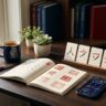 A Chinese workbook, flashcards, smartphone, and red lantern arranged on a warmly lit desk.