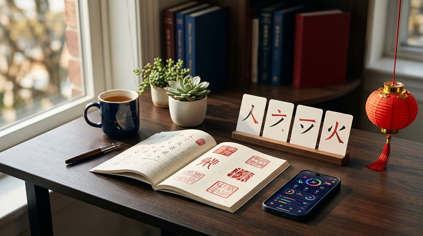 A Chinese workbook, flashcards, smartphone, and red lantern arranged on a warmly lit desk.
