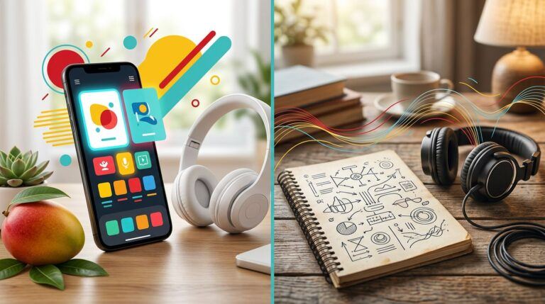 Split-screen Spanish study setup with a smartphone and mango on one side, notebook and audio motifs on the other.