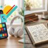 Split-screen Spanish study setup with a smartphone and mango on one side, notebook and audio motifs on the other.