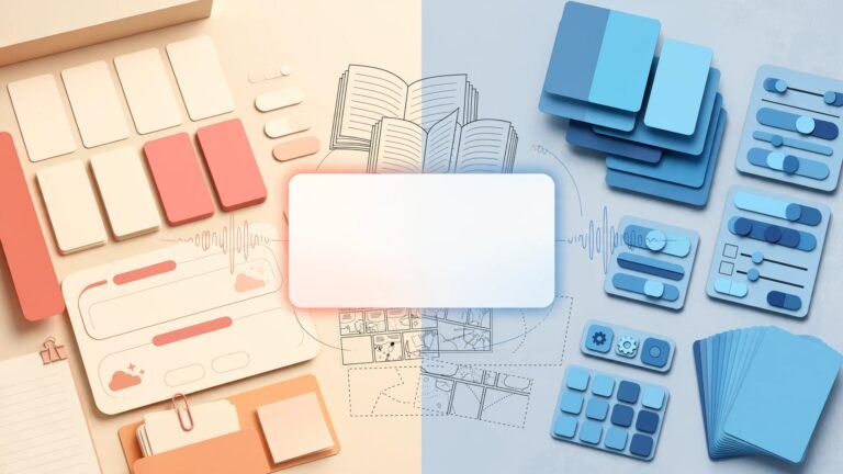 Split-screen language study workspace with warm flashcards on one side and cool blue cards on the other.