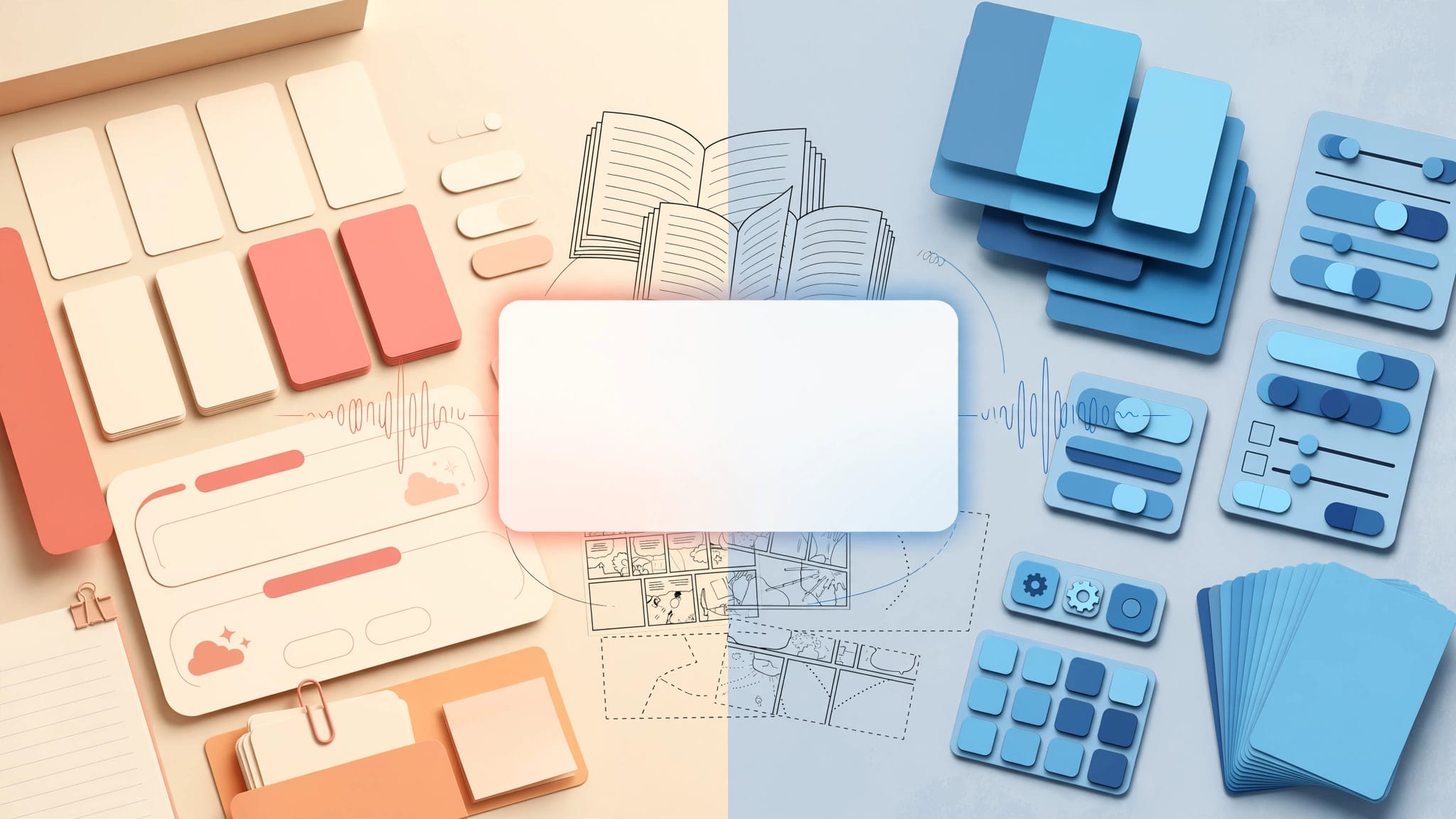 Split-screen language study workspace with warm flashcards on one side and cool blue cards on the other.