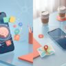 Two smartphones illustrate flashcard study and vocabulary linked to everyday objects.
