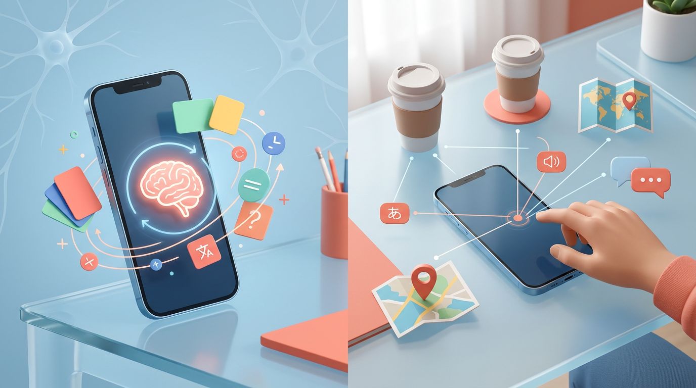 Two smartphones illustrate flashcard study and vocabulary linked to everyday objects.