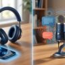 Split-screen workspace with headphones and a phone on one side, microphone and speech bubbles on the other.
