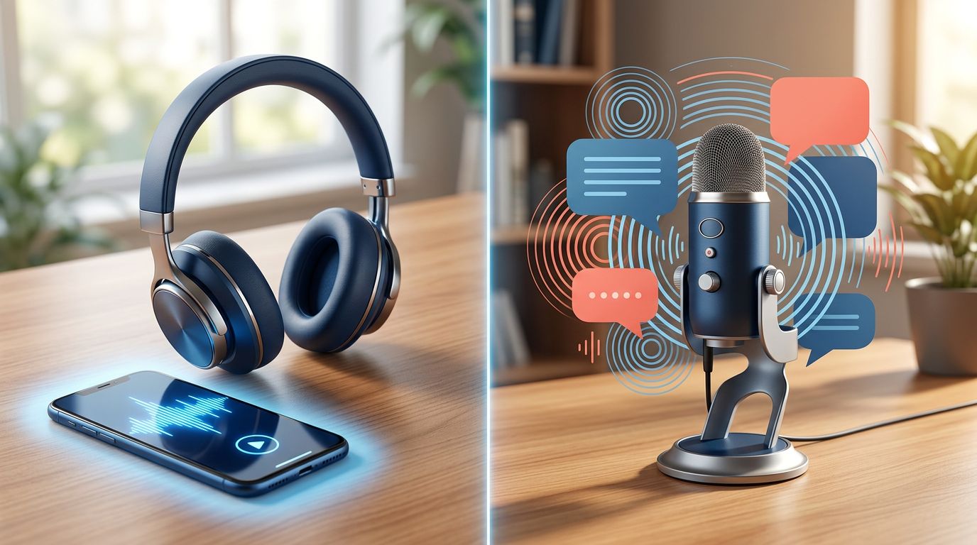 Split-screen workspace with headphones and a phone on one side, microphone and speech bubbles on the other.