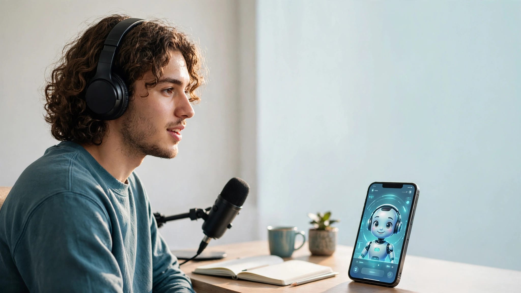 A headphone-wearing learner practices speaking with a language tutor on a smartphone.