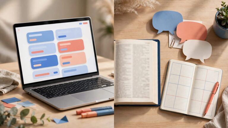 A laptop with translation cards sits beside a dictionary and language notebook.