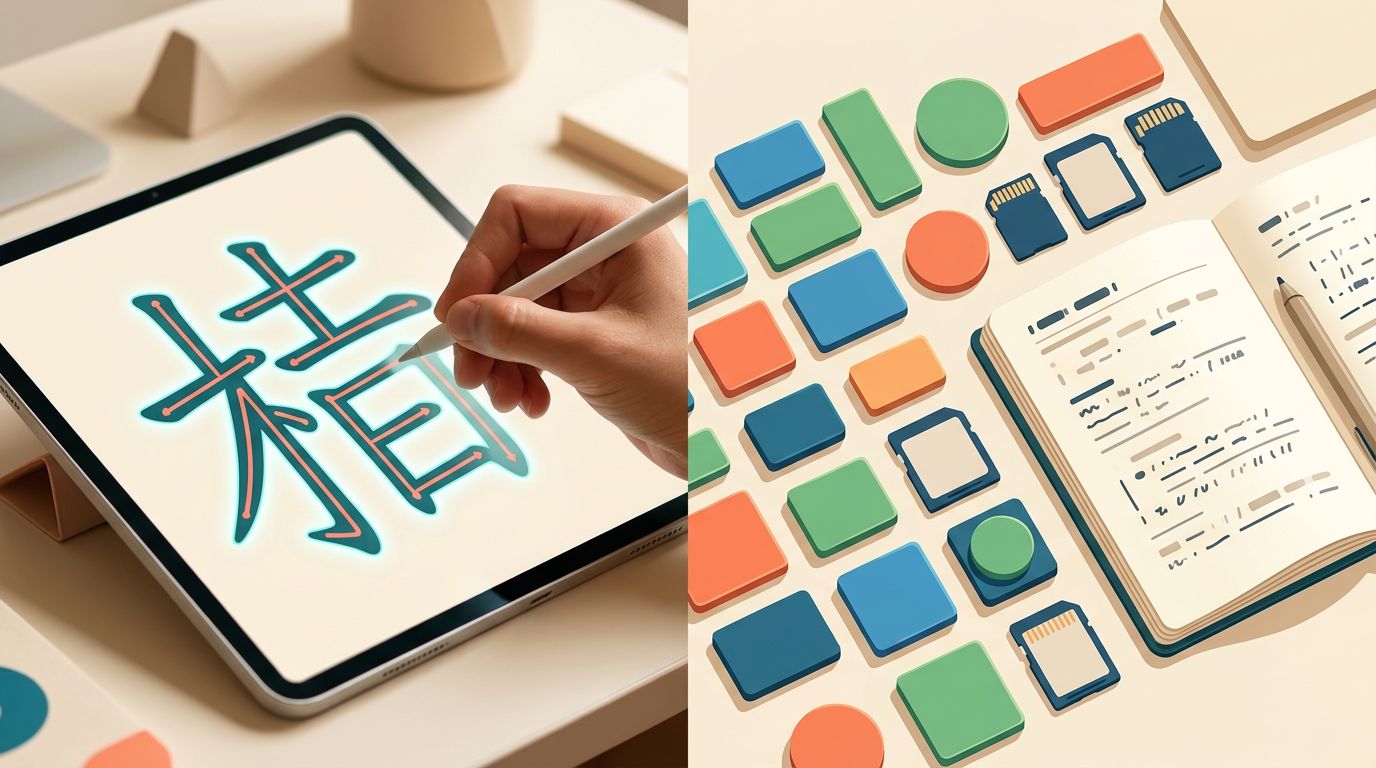 A hand traces character strokes on a tablet beside colorful study tiles and cards.