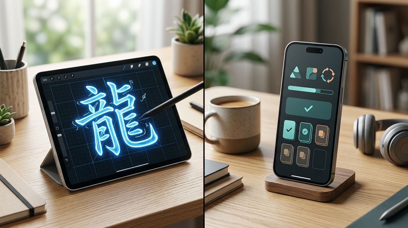 Tablet handwriting practice beside a smartphone flashcard review screen.