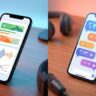 Two phones show pronunciation exercises and colorful conversation practice on a softly lit desk.