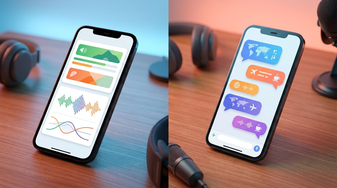 Two phones show pronunciation exercises and colorful conversation practice on a softly lit desk.