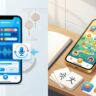 Two smartphones compare Mandarin lessons, pronunciation practice, flashcards, and language games.