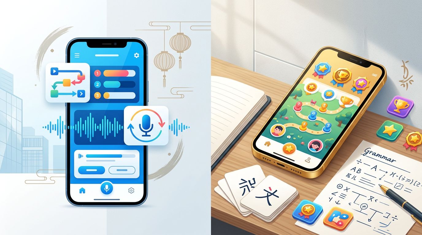 Two smartphones compare Mandarin lessons, pronunciation practice, flashcards, and language games.