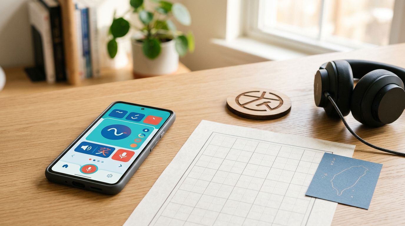 A smartphone with a Mandarin app beside a Chinese writing sheet, headphones, and a Taiwan-shaped card.