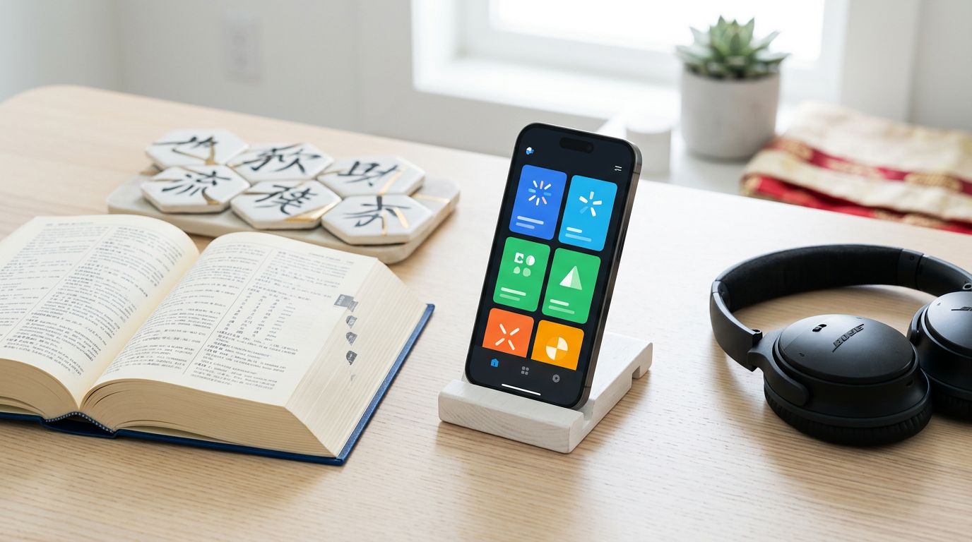 Smartphone beside a dictionary, character tiles, and headphones on a bright desk.