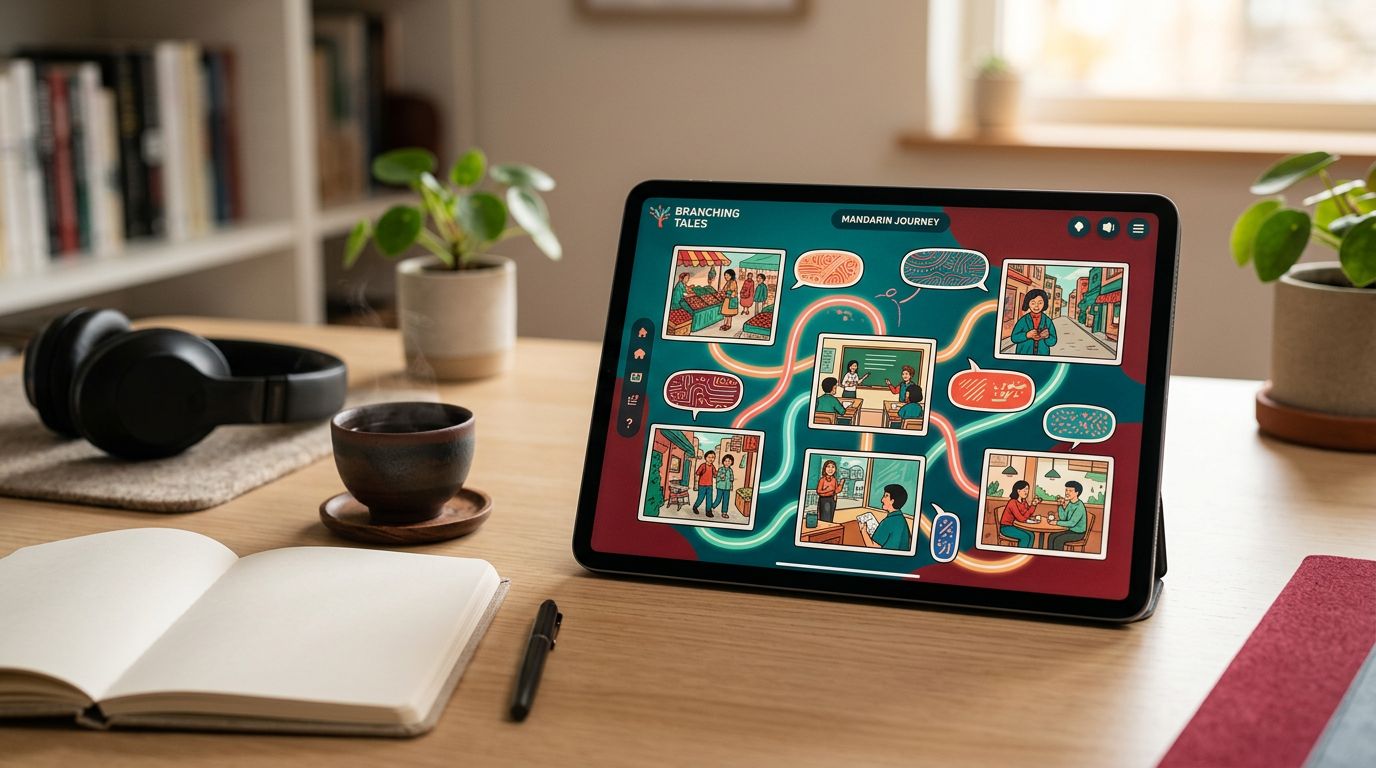 Tablet showing a colorful language-learning story beside tea, a notebook, and headphones.