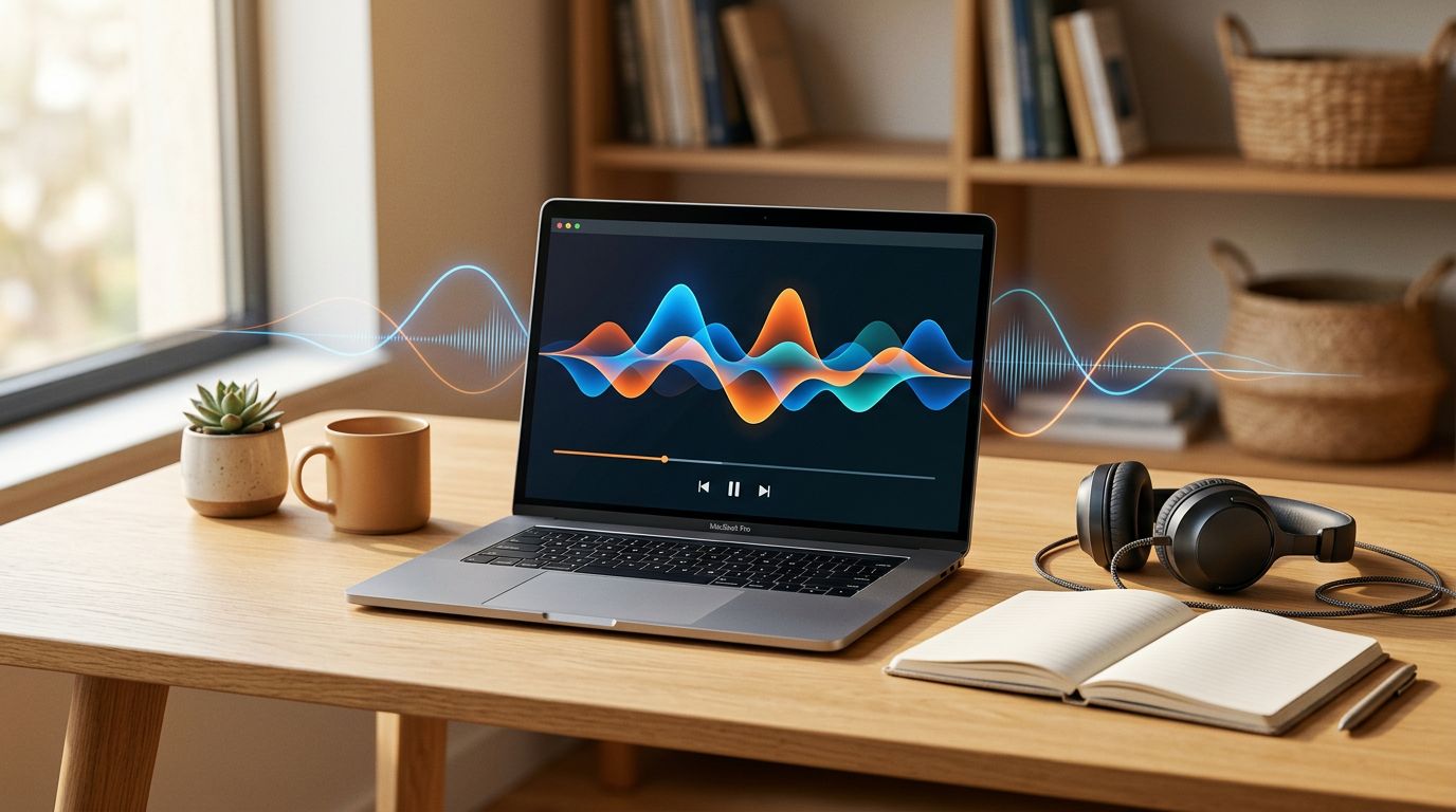 Laptop with colorful soundwaves, headphones, and notebook on a modern desk.