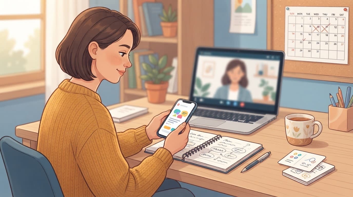 Language App Tutoring: A Weekly Plan That Works 2 An adult studies with a phone and notebook beside a laptop at a tidy desk.