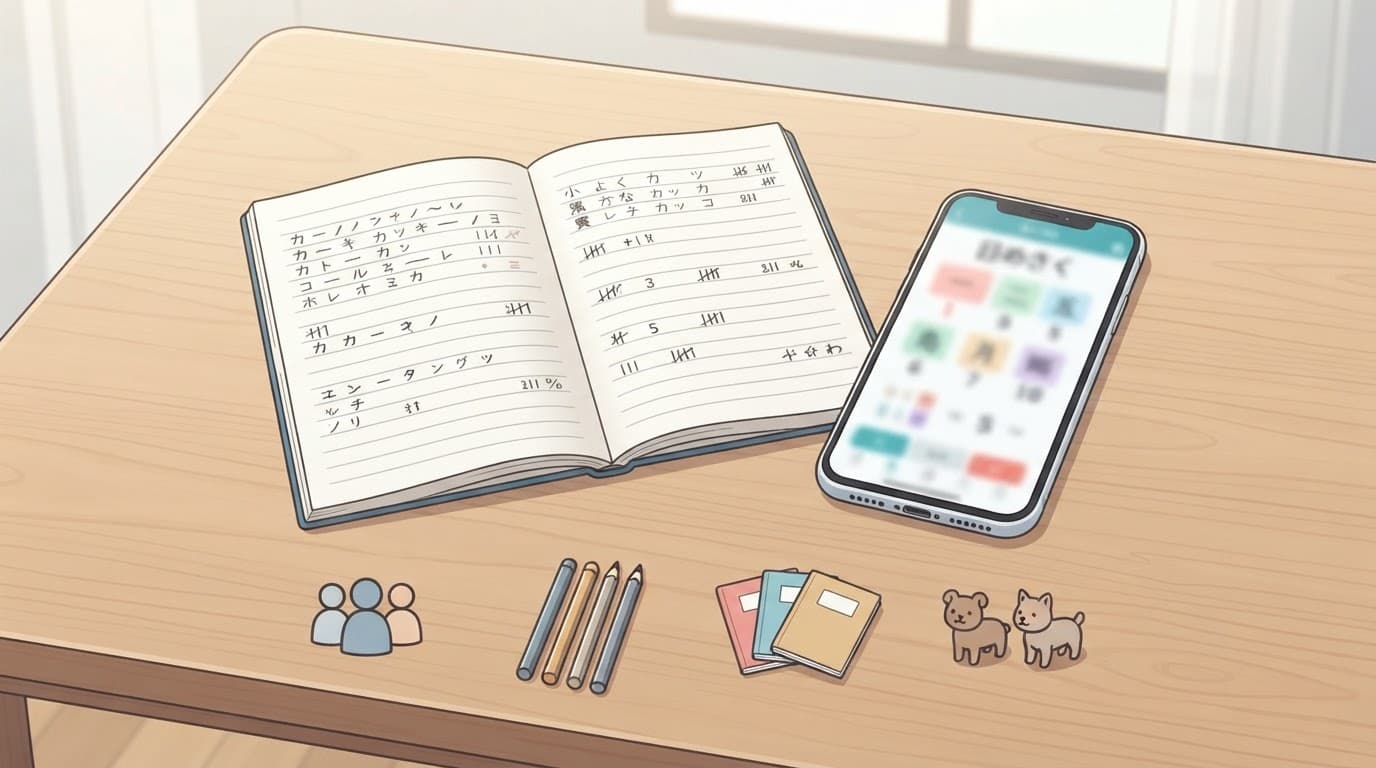 Japanese Counting Apps for Numbers and Counters in 2026 3 An open notebook and smartphone sit beside four symbols for Japanese counting categories.