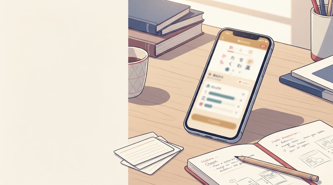 Japanese Counting Apps for Numbers and Counters in 2026 2 A smartphone displays a blurred Japanese numbers exercise beside books, cards, a cup, and a notebook.