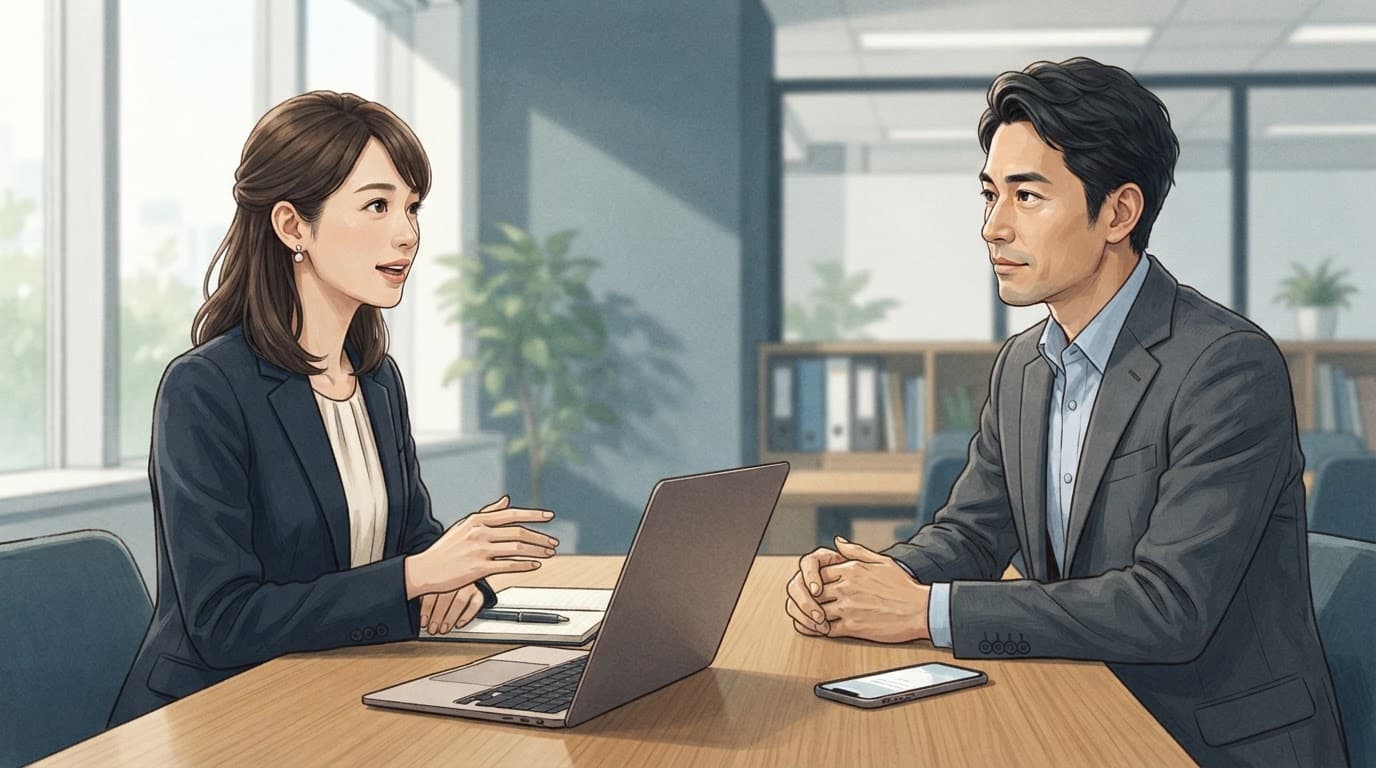 Japanese Keigo Apps for Workplace Japanese in 2026 3 Two Japanese professionals converse across a table with a smartphone and laptop.