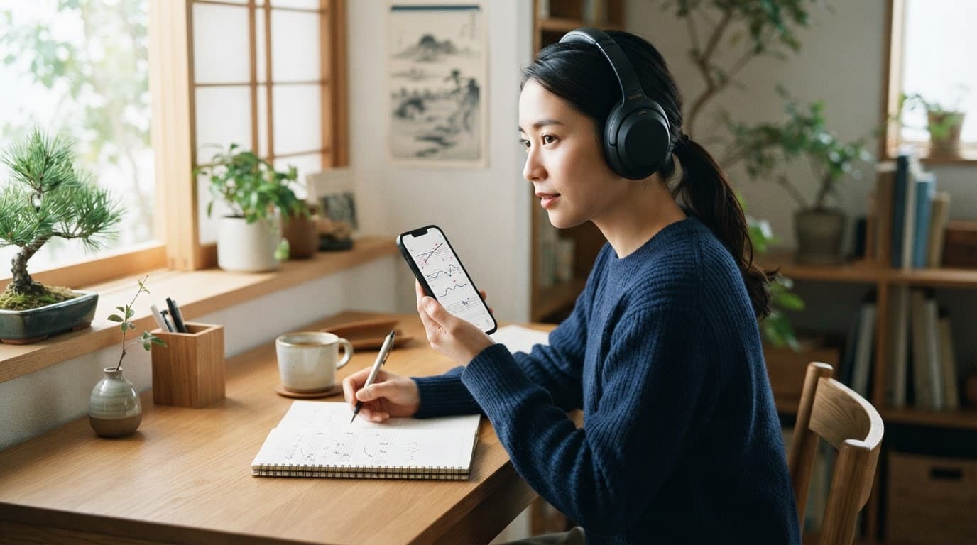Japanese Pitch Accent Apps for Serious Learners in 2026 2 Adult learner studies pitch accents with a smartphone, headphones, and notebook.