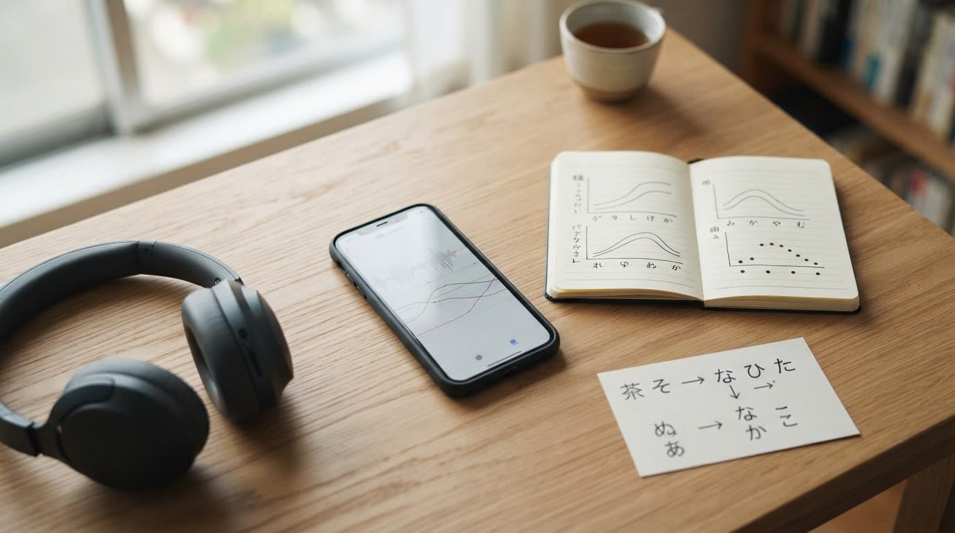 Japanese Pitch Accent Apps for Serious Learners in 2026 3 A smartphone, vocabulary card, headphones, and contour-line notebook on a wooden desk.