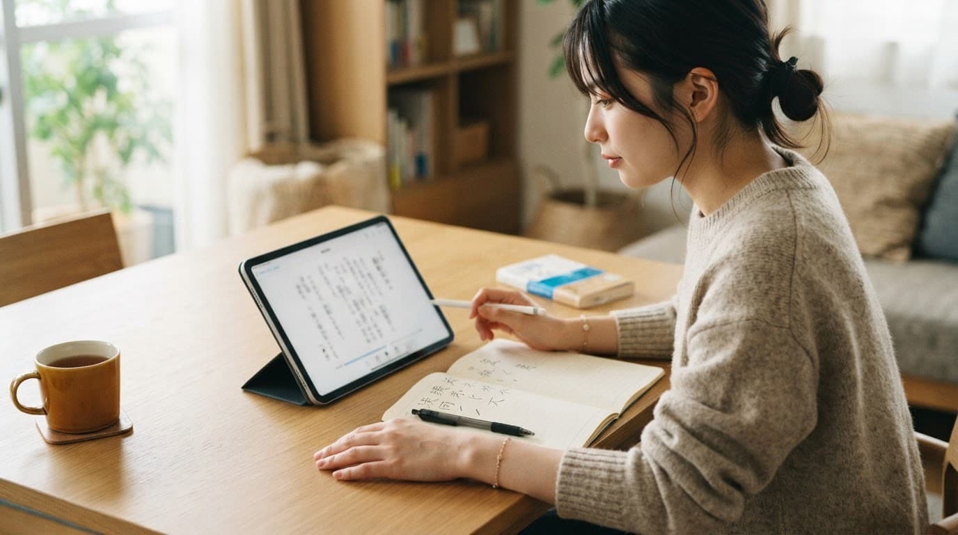 Japanese Reading Apps With Adjustable Furigana 2 A learner studies Japanese on a tablet beside a kanji notebook and cup of tea.
