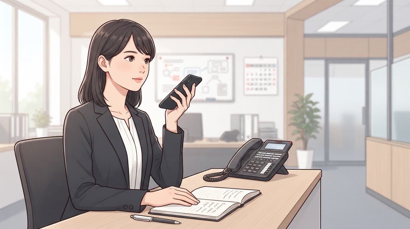 A learner practices a workplace phone call beside an open notebook and desk phone.
