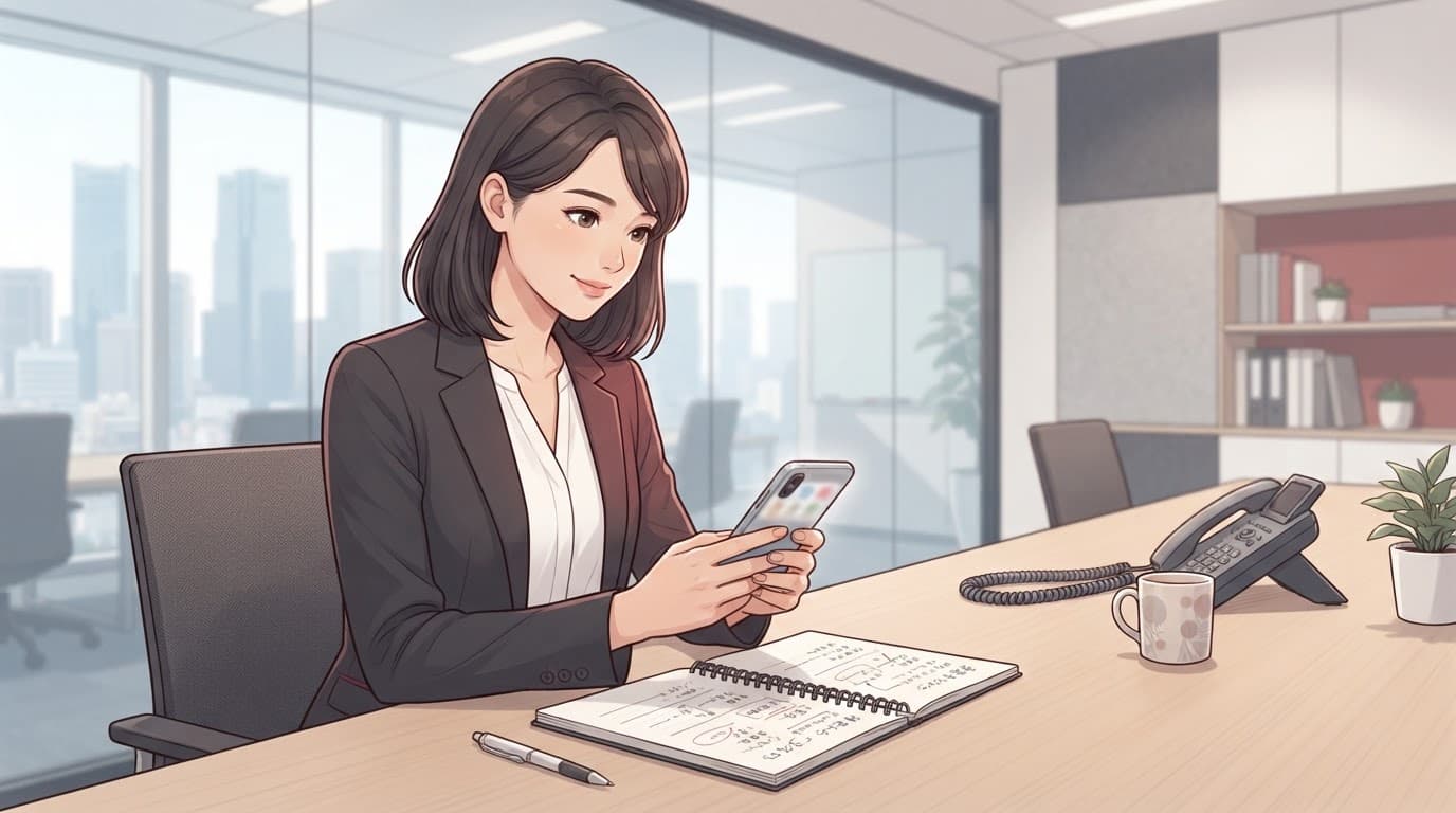A professional studies Japanese keigo on a smartphone beside a notebook in an office.
